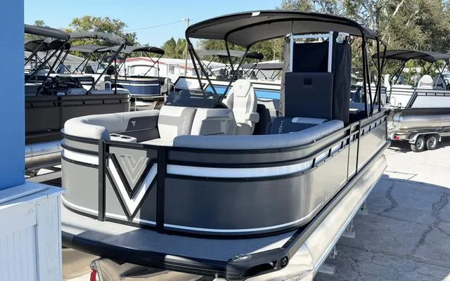 Slide: The Image of 2025 Viaggio Lago X22U pontoon boat with sleek design and spacious seating. - 12
