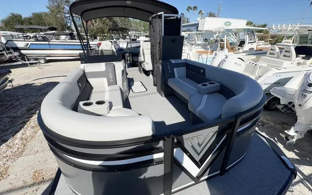 Slide: The Image of 2025 Viaggio Lago X22U pontoon boat with spacious seating and modern design. - 13