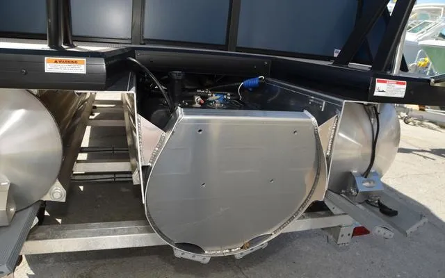 Slide: The Image of 2025 Viaggio Lago X 22 U pontoon boat undercarriage and engine compartment. - 10