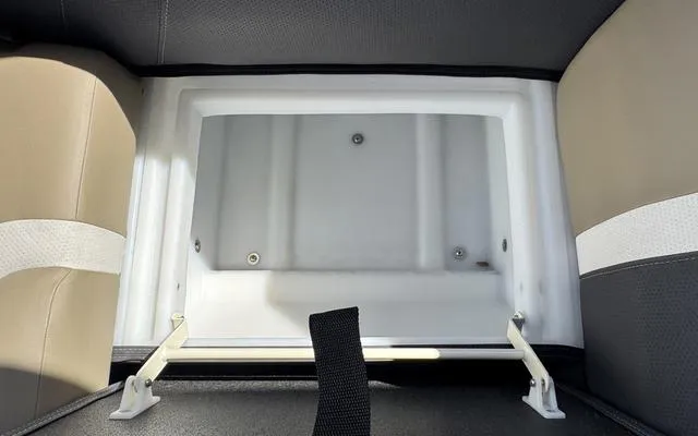 Slide: The Image of 2025 Viaggio Lago X 22 U storage compartment with beige and black seating. - 14