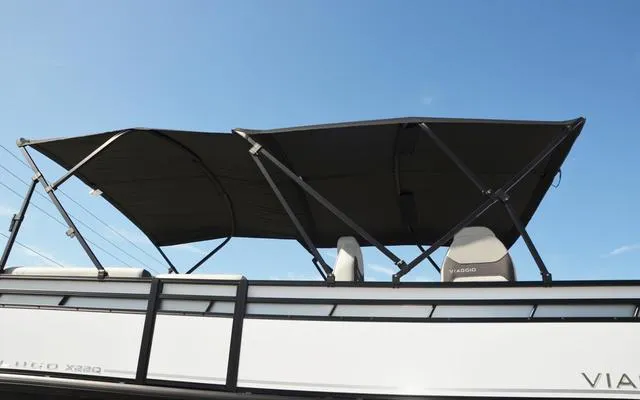 Slide: The Image of 2025 Viaggio LAgo X 22 Q boat with canopy against blue sky. - 13