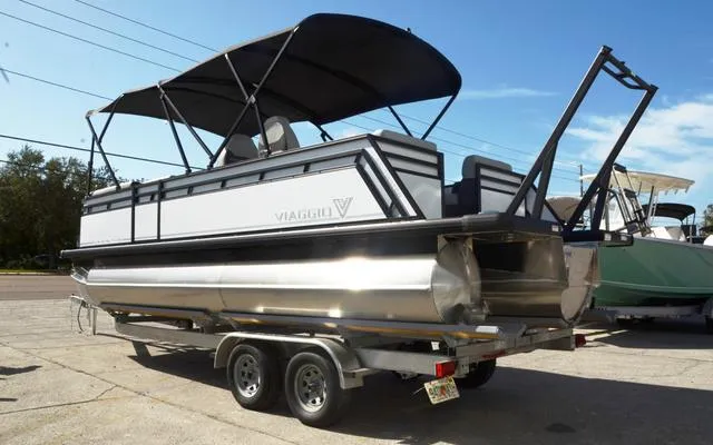 Slide: The Image of 2025 Viaggio LAgo X 22 Q pontoon boat on trailer, side view. - 8