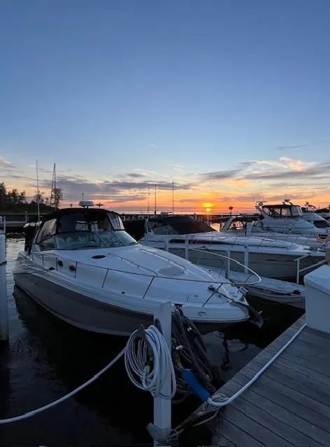 Slide: The Image of 2003 Sea Ray 340 Sundancer docked at sunset, serene marina view. - 6