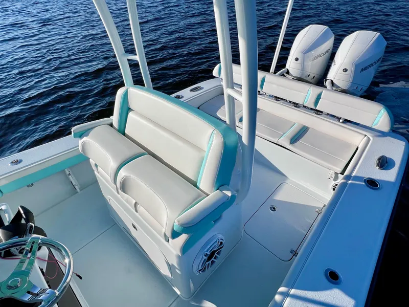 Slide: The Image of 2022 Yellowfin 26 Hybrid boat with twin 225 Mercury engines, only 36 hours used. - 31
