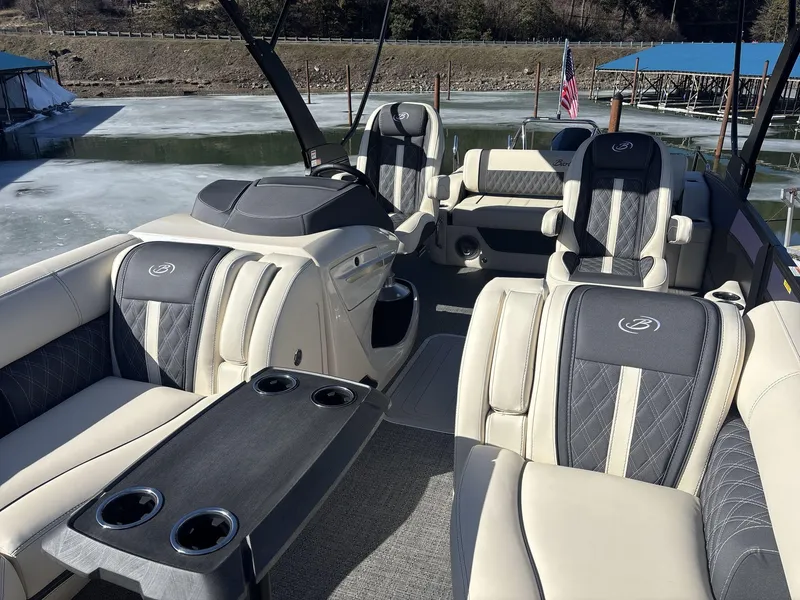 Slide: The Image of Luxurious interior of 2025 Barletta Lusso L23UC pontoon boat with plush seating. - 8