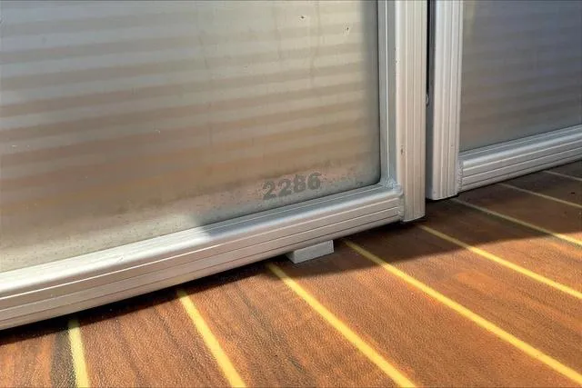 Slide: The Image of Close-up of Sweetwater SW 2286 boat detail, 2016 model, showing metal frame and flooring. - 24