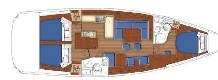Slide: The Image of Floor plan of a 2008 Beneteau Oceanis 49 sailboat, featuring cabins and living areas. - 18