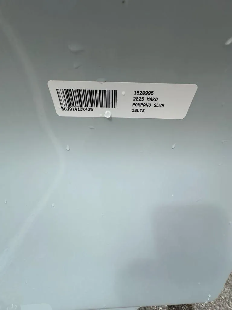 Slide: The Image of Label on 2025 Mako 18 LTS boat, Pompano Silver color, with barcode. - 6