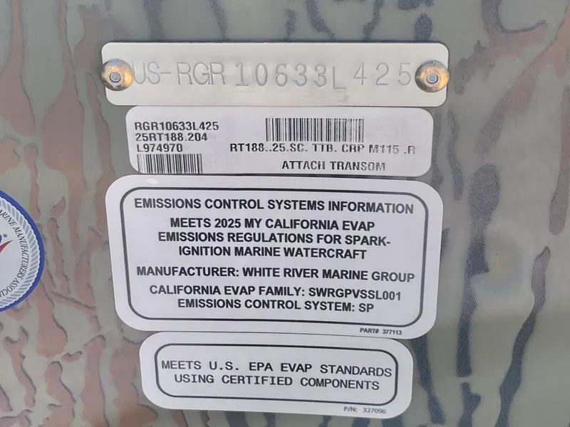 Slide: The Image of 2025 Ranger RT188 emissions control label, meeting California and U.S. EPA standards for marine watercraft. - 19