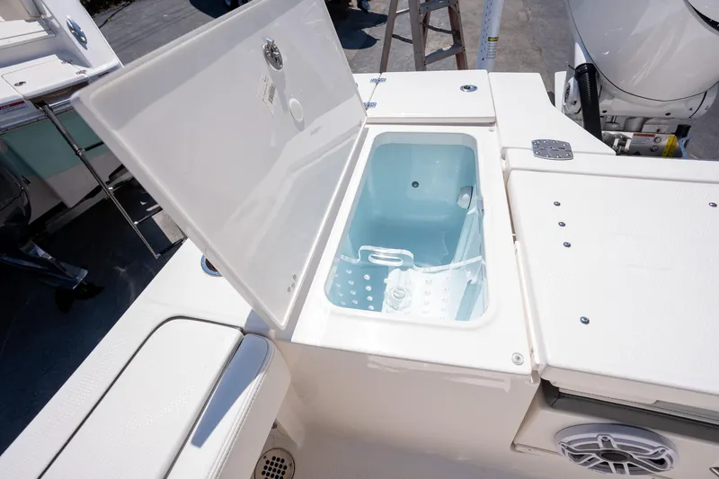 Slide: The Image of 2025 Robalo R246 CAYMAN boat with open storage compartment on deck. - 19