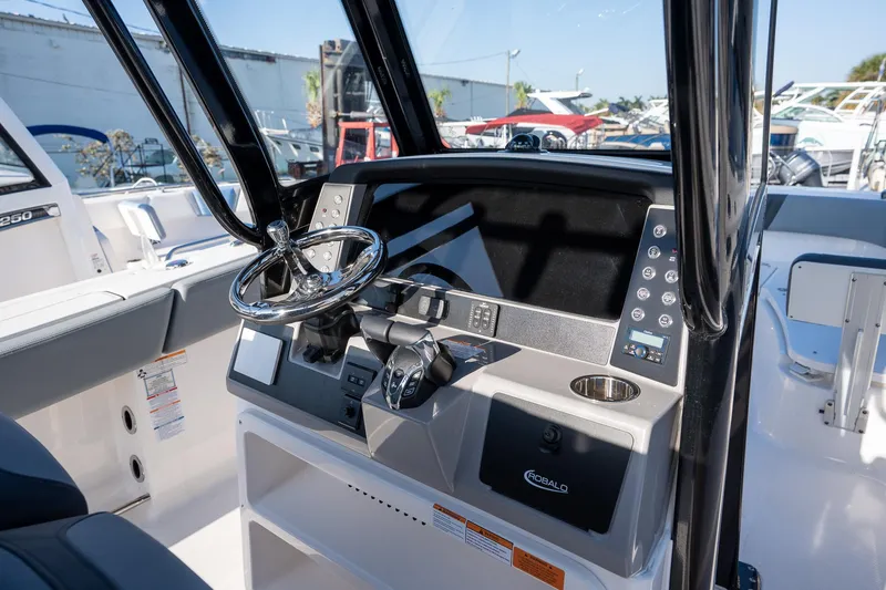 Slide: The Image of 2025 Robalo R270 boat dashboard with steering wheel and control panel. - 10