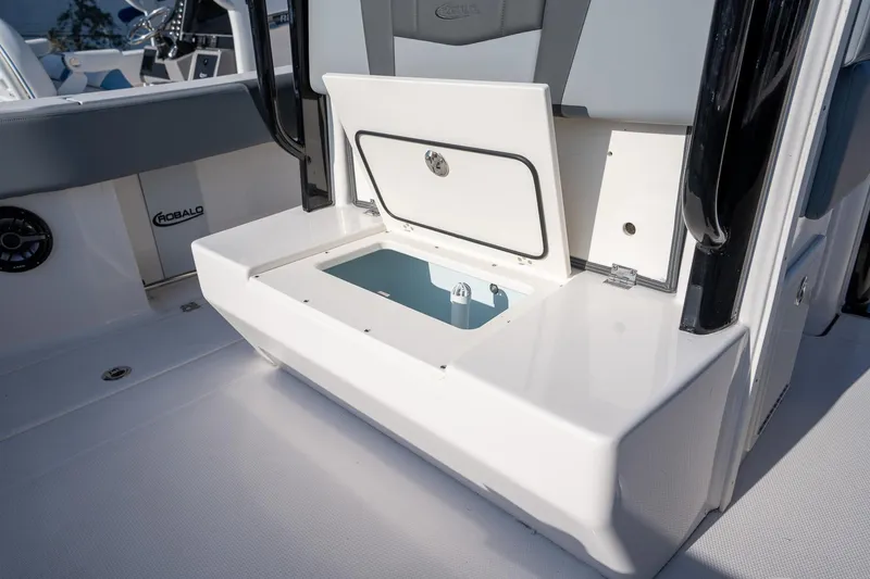Slide: The Image of 2025 Robalo R270 boat interior with open storage compartment. - 12