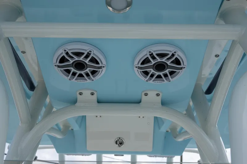 Slide: The Image of 2025 Pathfinder 2400 TRS boat speakers and overhead structure, featuring JL Audio components. - 10