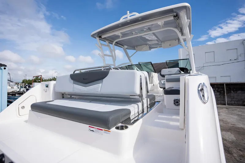 Slide: The Image of 2025 Robalo R317 boat with sleek seating and modern design under a clear blue sky. - 19