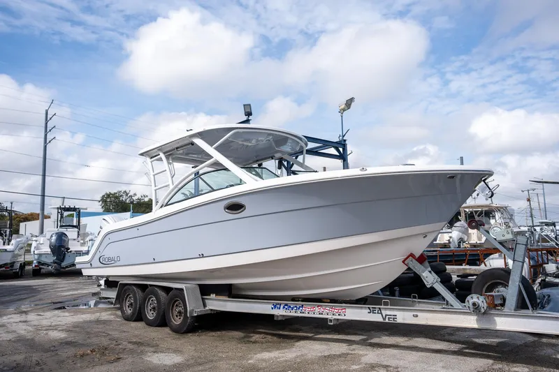 Slide: The Image of 2025 Robalo R317 boat on trailer under a cloudy sky. - 21