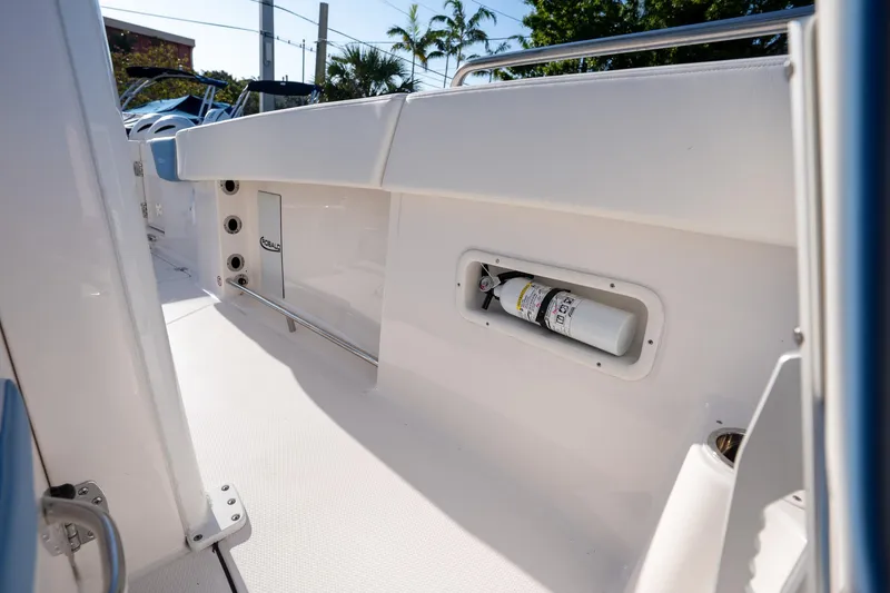 Slide: The Image of 2025 Robalo R250 boat interior with safety equipment and sleek design. - 15