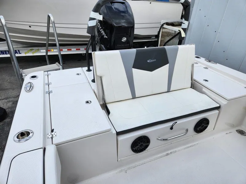Slide: The Image of 2023 Robalo 266 Cayman boat interior with seating and storage compartments. - 12