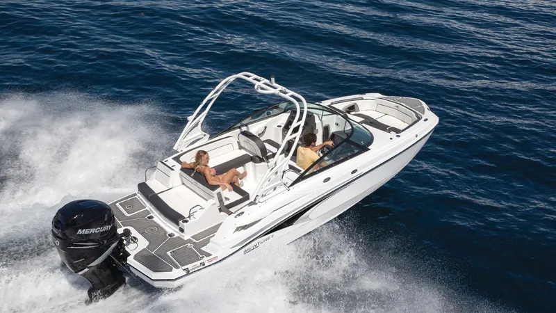 Slide: The Image of 2024 Monterey M-45 boat cruising on open water, featuring sleek design and powerful Mercury engine. - 1