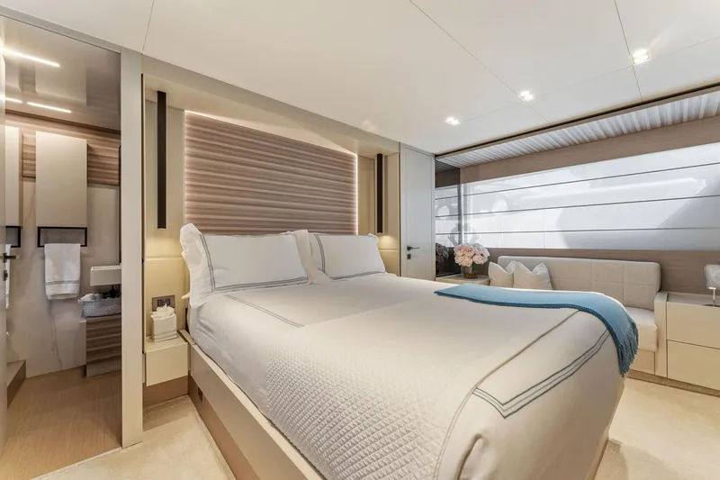 Slide: The Image of Luxurious bedroom interior of 2020 Ferretti Yachts 670, featuring elegant design and modern amenities. - 36