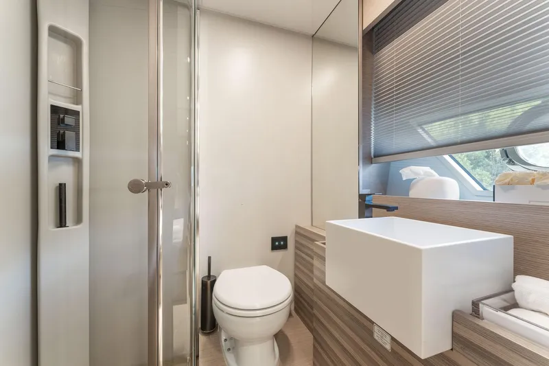 Slide: The Image of Modern bathroom interior on 2020 Ferretti Yachts 670, featuring sleek design and amenities. - 49