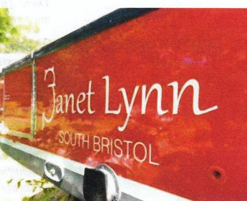 Slide: The Image of Red boat stern with "Janet Lynn" and "South Bristol" text, Custom 30 Novi Hardtop Cruiser, 1999. - 15