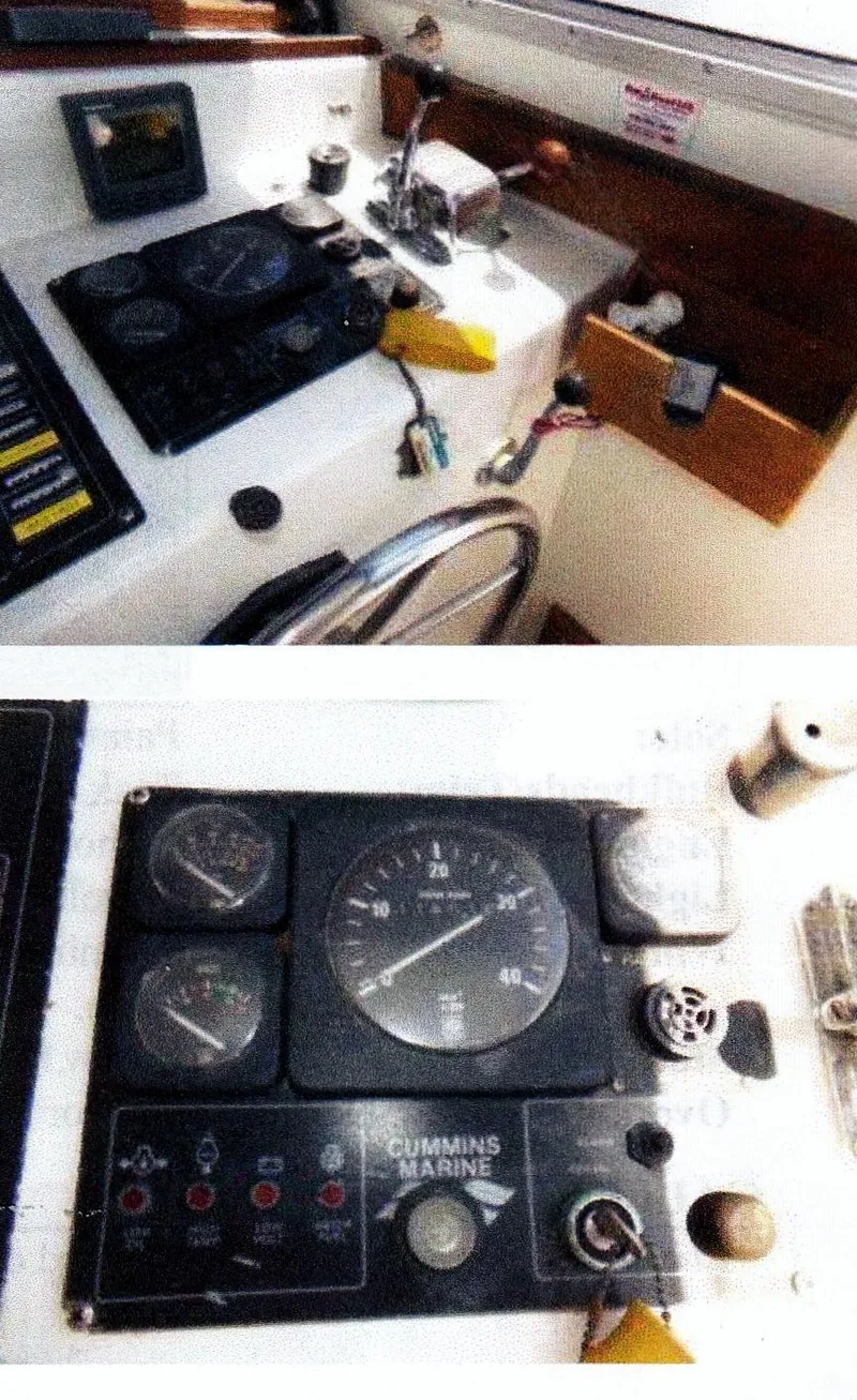 Slide: The Image of 1999 Custom 30 Novi Hardtop Cruiser dashboard with Cummins Marine controls and gauges. - 7