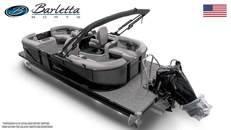 Slide: The Image of 2025 Barletta Cabrio 20QC pontoon boat with sleek design and modern features. - 2