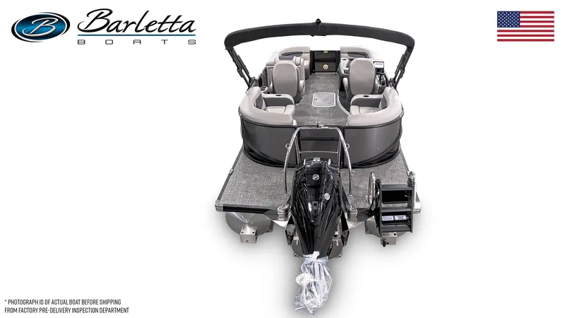 Slide: The Image of 2025 Barletta Cabrio 20QC pontoon boat, rear view, with American flag and Barletta logo. - 3