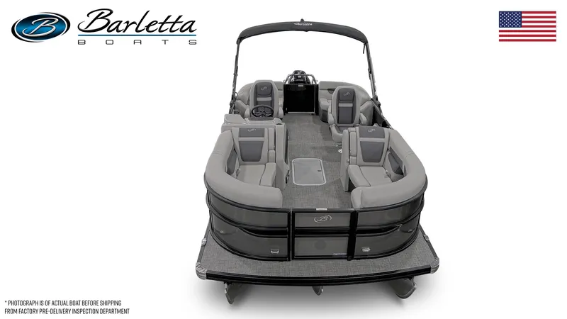Slide: The Image of 2025 Barletta Cabrio 20QC pontoon boat, gray interior, front view, American flag. - 6