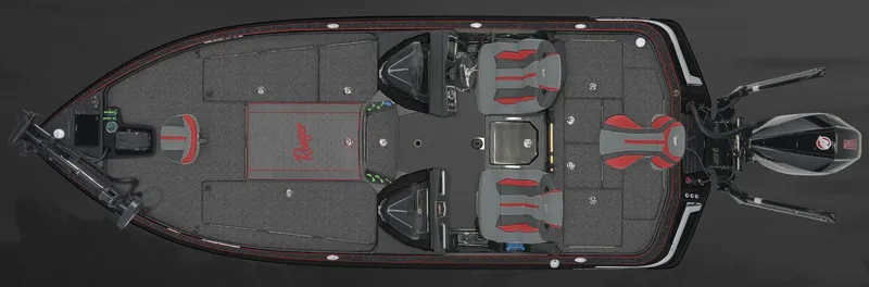 Slide: The Image of 2025 Ranger Z521R Cup-Equipped boat, top view, featuring dual seats and advanced equipment. - 2