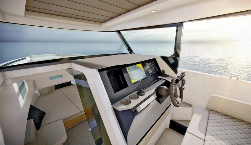 Slide: The Image of 2025 Saxdor 340 GTWA interior with glass door and modern seating. - 27