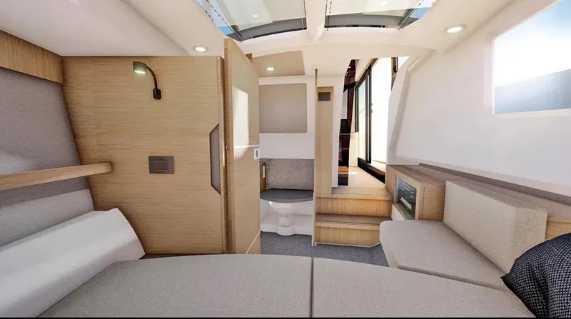 Slide: The Image of 2026 Saxdor 340 GTWA boat cockpit with dual navigation screens and steering wheel. - 32