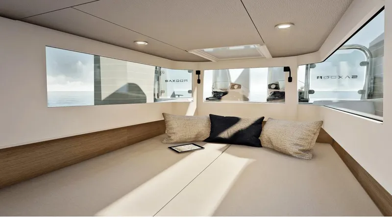 Slide: The Image of Interior of 2025 Saxdor 340 GTWA boat, featuring modern design and natural lighting. - 35
