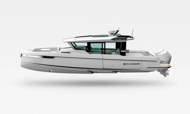 Slide: The Image of Interior of 2025 Saxdor 340 GTWA boat with modern seating and navigation controls. - 39