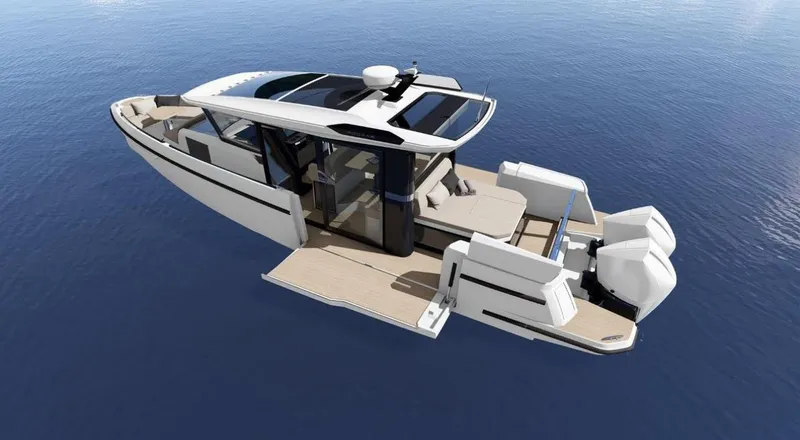 Slide: The Image of 2025 Saxdor 340 GTWA boat on water, featuring sleek design and modern amenities. - 47