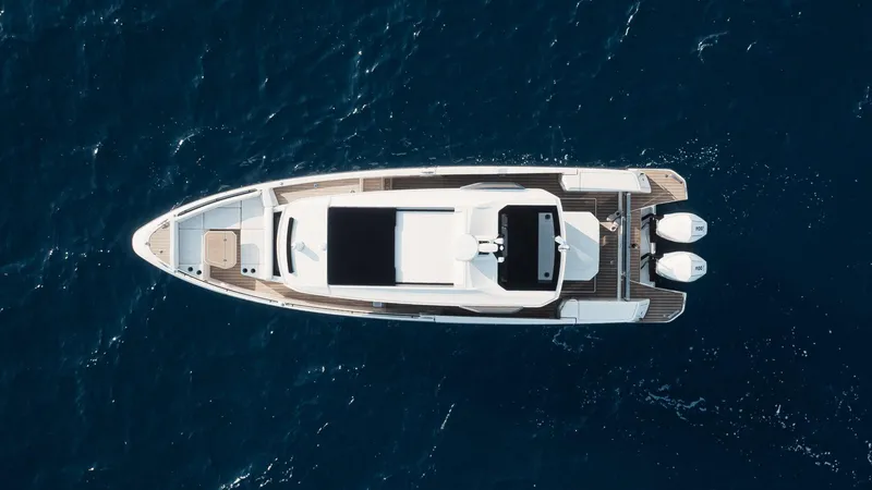 Slide: The Image of Aerial view of 2025 Saxdor 340 GTWA yacht on deep blue ocean. - 48