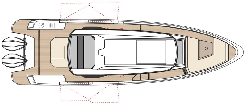 Slide: The Image of Top view of 2025 Saxdor 340 GTWA boat layout, featuring dual engines and spacious deck design. - 51