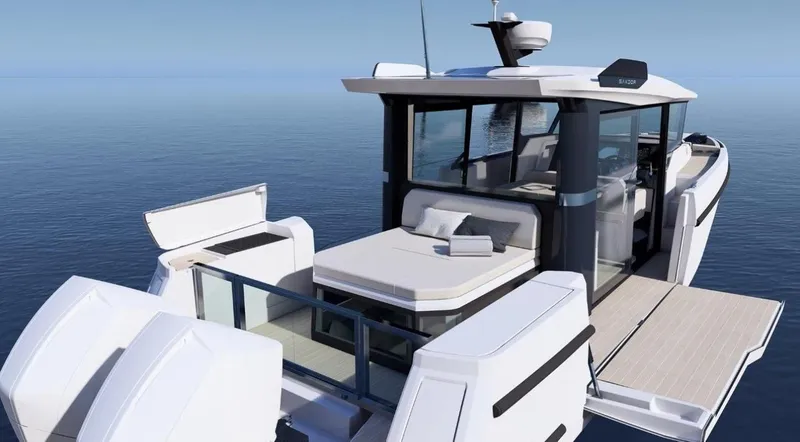 Slide: The Image of 2025 Saxdor 340 GTWA cruising on open water, showcasing sleek design and performance. - 6