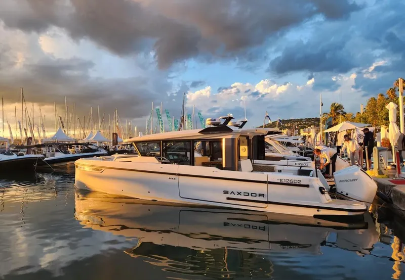 Slide: The Image of 2025 Saxdor 340 GTWA cruising on open sea, showcasing sleek design and performance. - 7