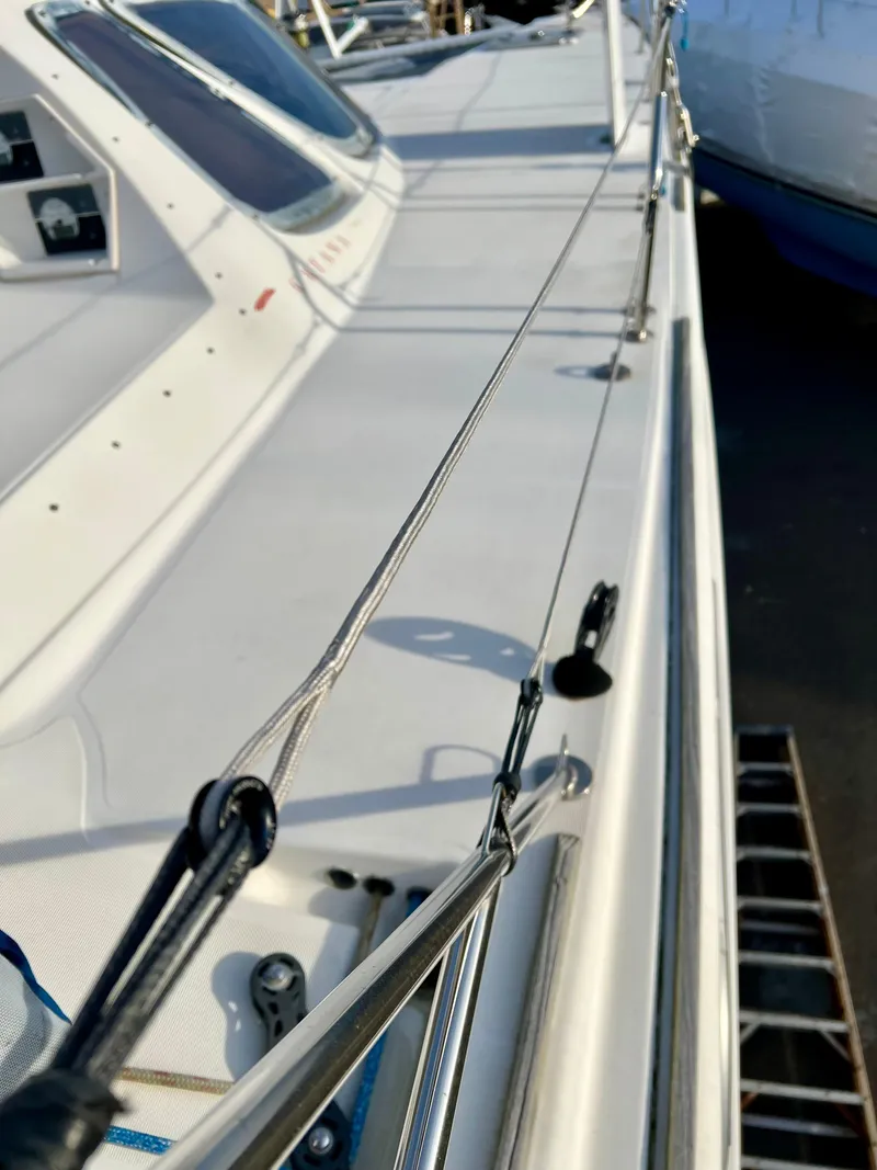 Slide: The Image of Close-up of 2003 Catana 431 yacht deck with rigging details. - 14