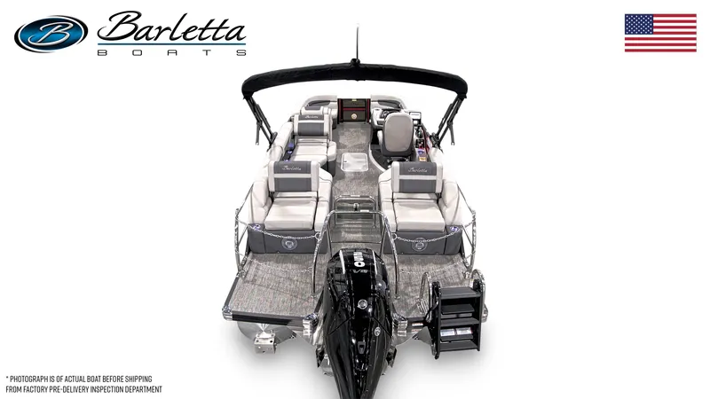 Slide: The Image of 2025 Barletta Cabrio 22M pontoon boat, top view, featuring spacious seating and modern design. - 4