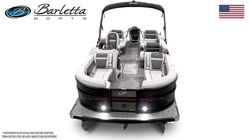 Slide: The Image of 2025 Barletta Cabrio 22M pontoon boat, luxury seating, sleek design, American flag, Barletta logo. - 7