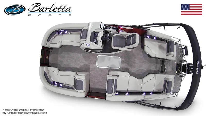 Slide: The Image of 2025 Barletta Cabrio 22M pontoon boat, top view, spacious seating, modern design, American flag. - 8