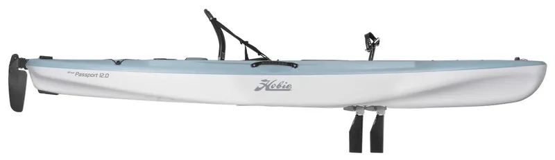 The Image of 2023 Hobie Passport 12 kayak, side view, featuring pedal drive system and sleek design. - 1