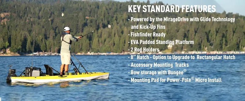 Slide: The Image of Man fishing on a 2023 Hobie Passport 12 kayak with listed features, on a lake. - 2