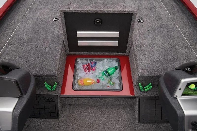Slide: The Image of Interior of 2025 Tracker Savage 215 boat with built-in cooler and drinks. - 16