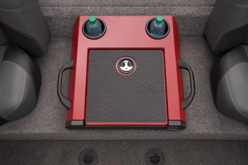 Slide: The Image of 2025 Tracker Savage 215 boat interior with red center console and cup holders. - 24