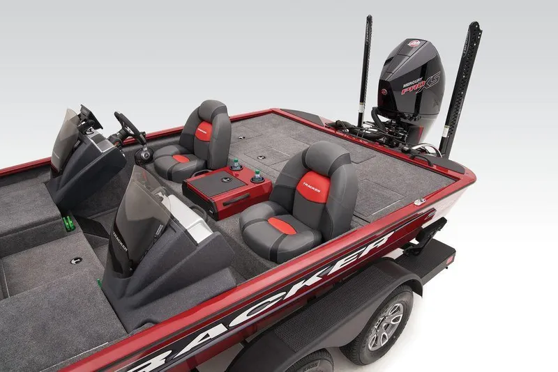 Slide: The Image of 2025 Tracker Savage 215 boat interior with dual seats and modern design. - 26