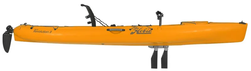 The Image of 2022 Hobie Revolution 11 kayak, bright orange, side view, featuring pedal drive system. - 1