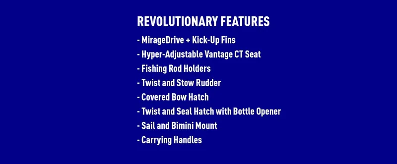 Slide: The Image of 2022 Hobie Revolution 11 features: MirageDrive, Vantage CT Seat, fishing rod holders, rudder, hatch, handles. - 2